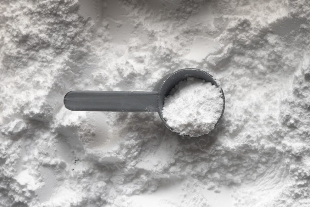 Scoop of white creatine monohydrate powder