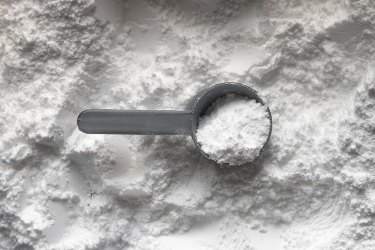 Scoop of white creatine monohydrate powder
